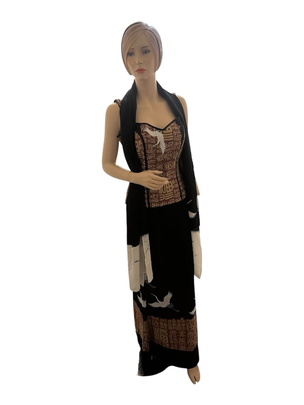 Black and Brown Printed Maxi Skirt Dress with Scarf